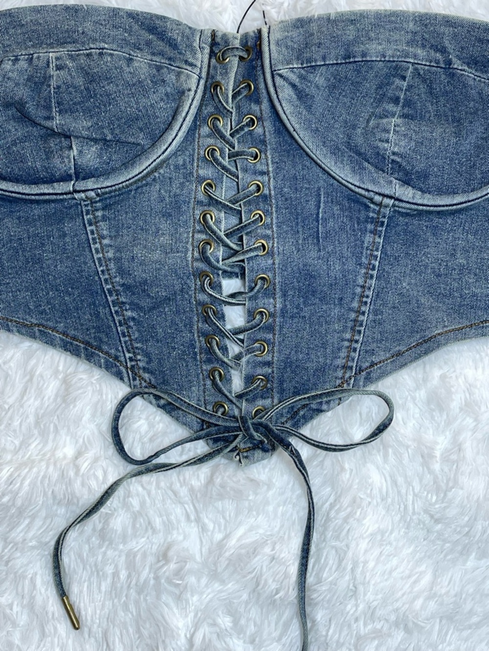 Fashion Nova Women’s MediumWash Denim Lace-Up Corset Crop Top Size XL NWT - Picture 8 of 10